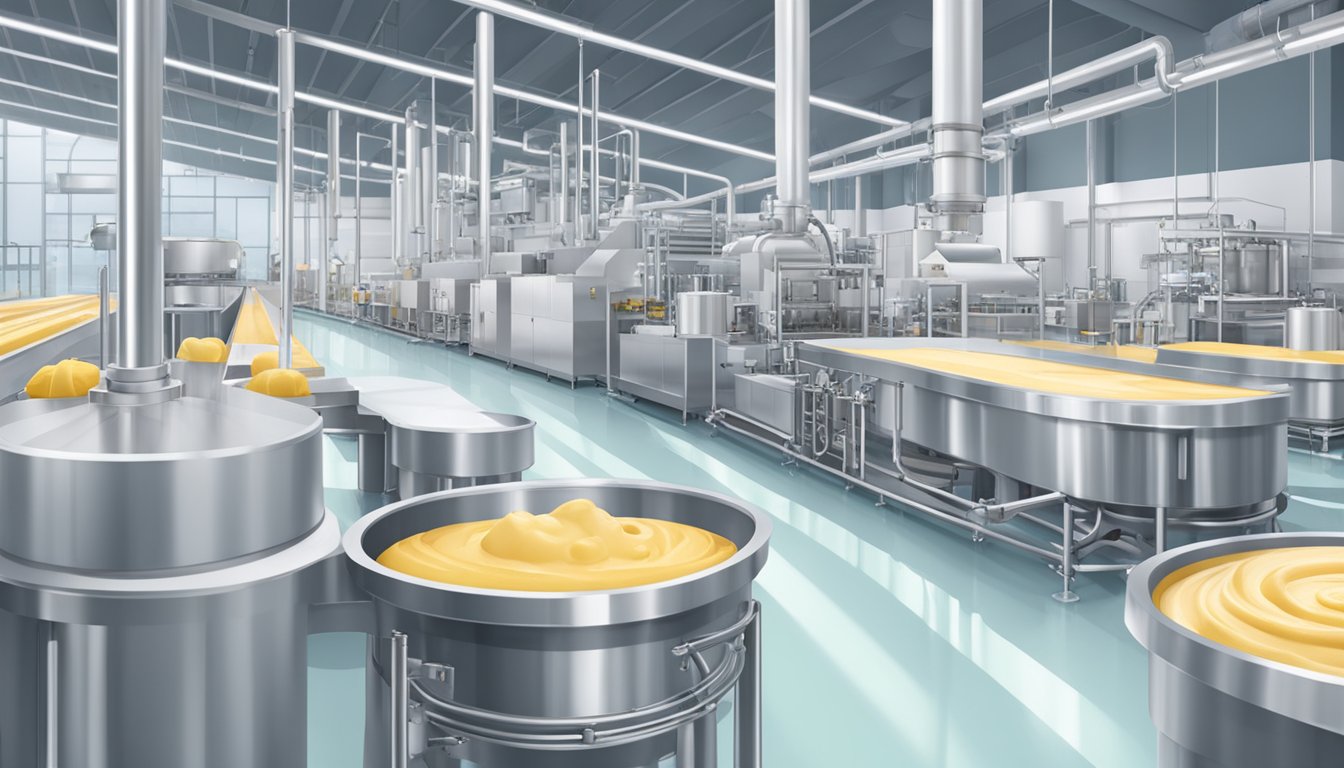 A large industrial ice cream production line with mixing tanks, conveyor belts, and packaging equipment in a clean and modern factory setting