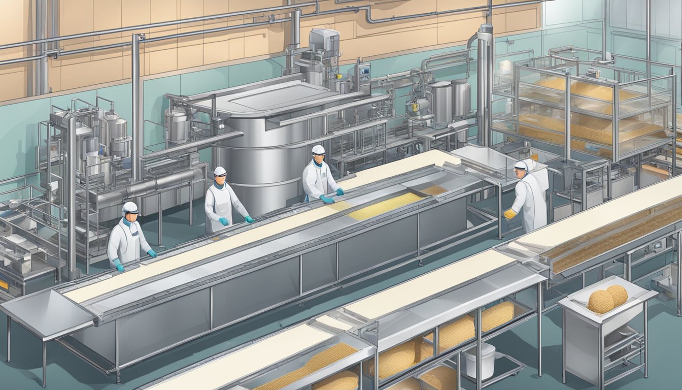 A large factory with conveyor belts, mixing tanks, and packaging machines. Workers in protective gear oversee the production of ice cream