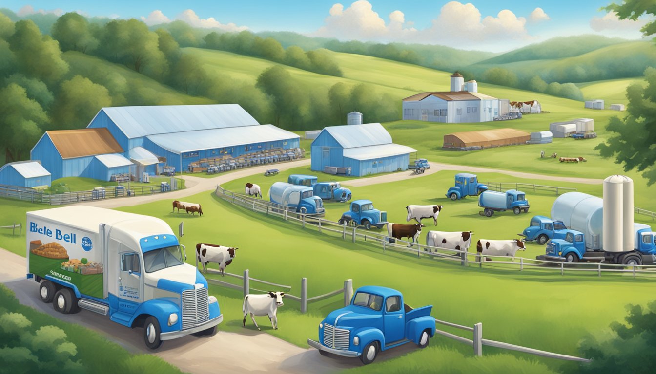 A bustling Blue Bell Creameries factory surrounded by rolling green pastures and happy cows, with delivery trucks lined up ready to distribute their famous ice cream across the southern states