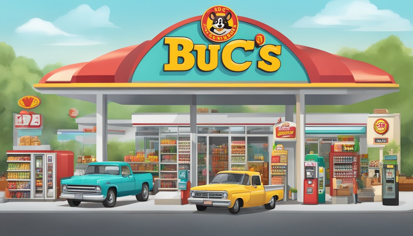 A bustling gas station with a large "Buc-ee's" sign, surrounded by trendy fashion items and an online presence displayed on screens