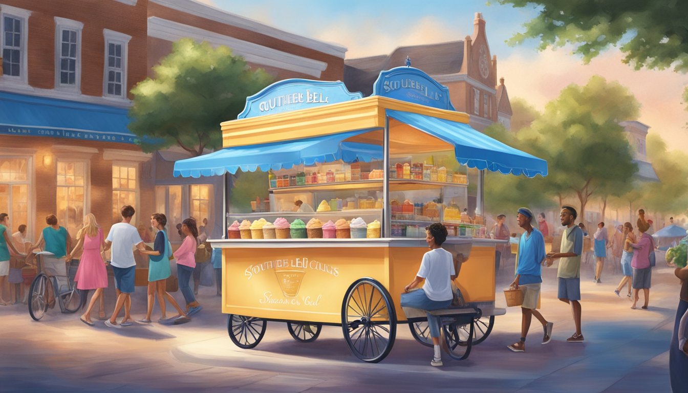 A colorful ice cream cart sits in a bustling southern town square, surrounded by smiling customers enjoying Blue Bell's signature flavors