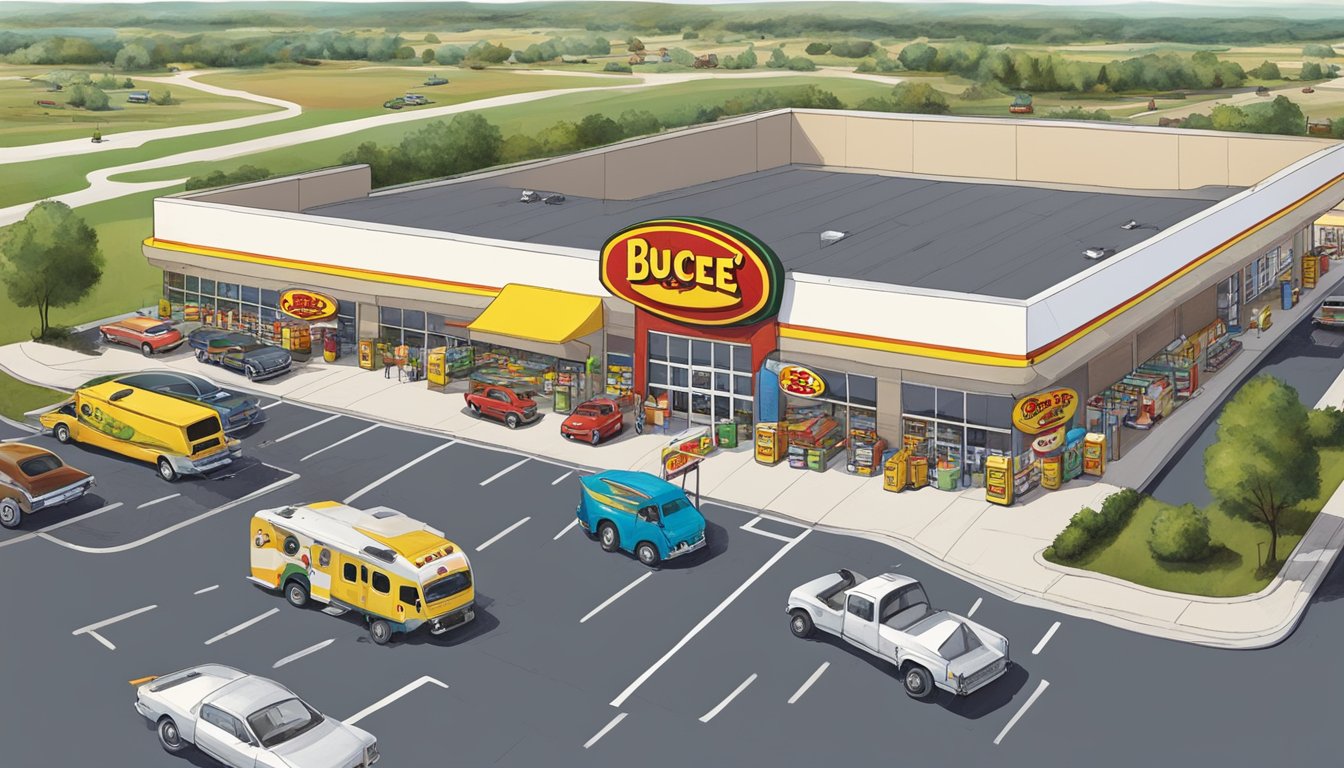 A bustling Buc-ee's store with a giant beaver mascot, gas pumps, and a sprawling parking lot filled with cars and RVs