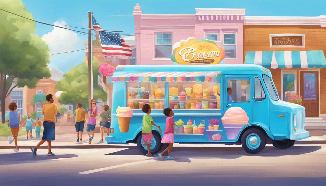 A colorful ice cream truck drives through a vibrant southern town, surrounded by happy customers enjoying their favorite Blue Bell flavors