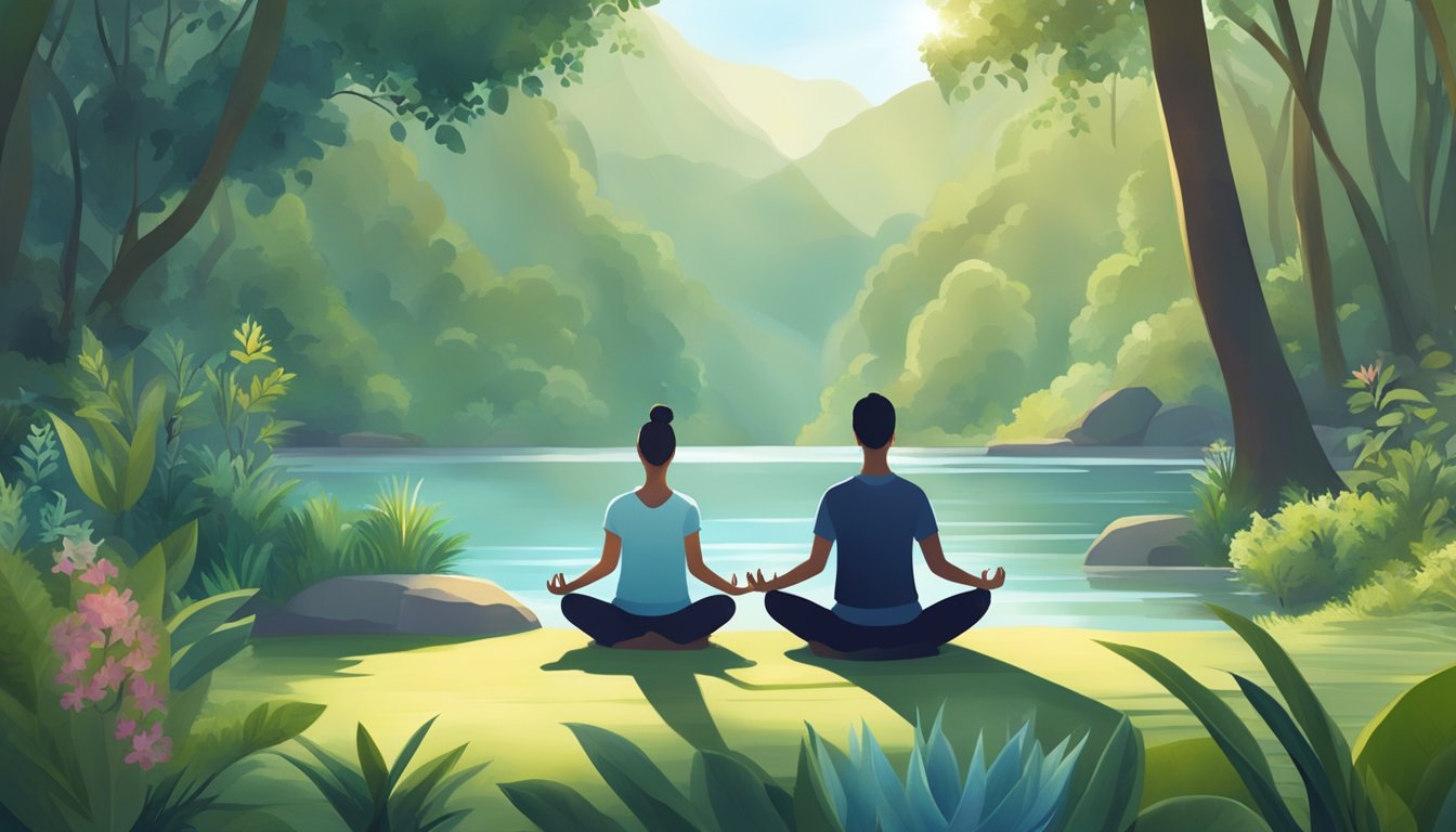 A serene morning scene with a person practicing yoga and meditation in a peaceful natural setting, surrounded by soothing elements such as plants, water, and sunlight