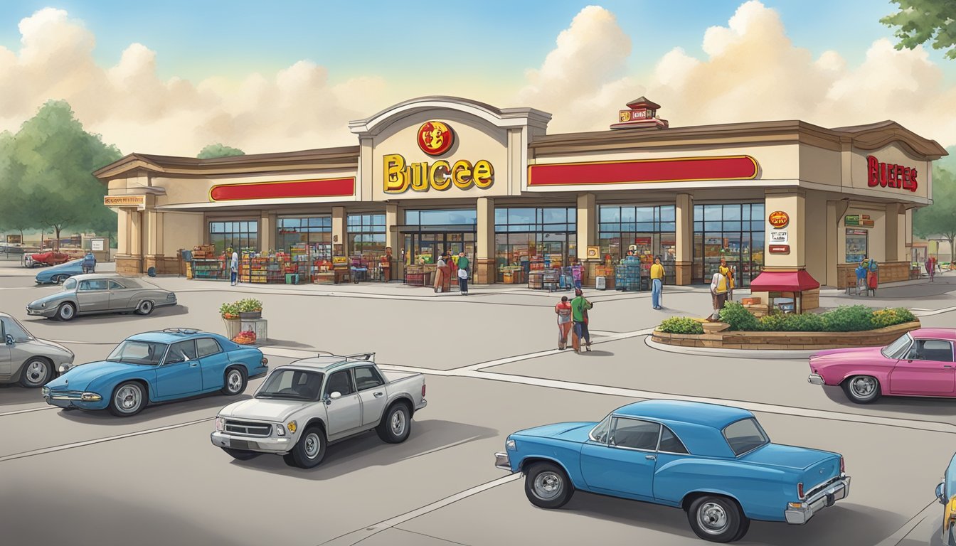 A bustling Buc-ee's location with a large, clean store front and gas pumps. The iconic beaver mascot is prominently displayed, and the parking lot is filled with cars