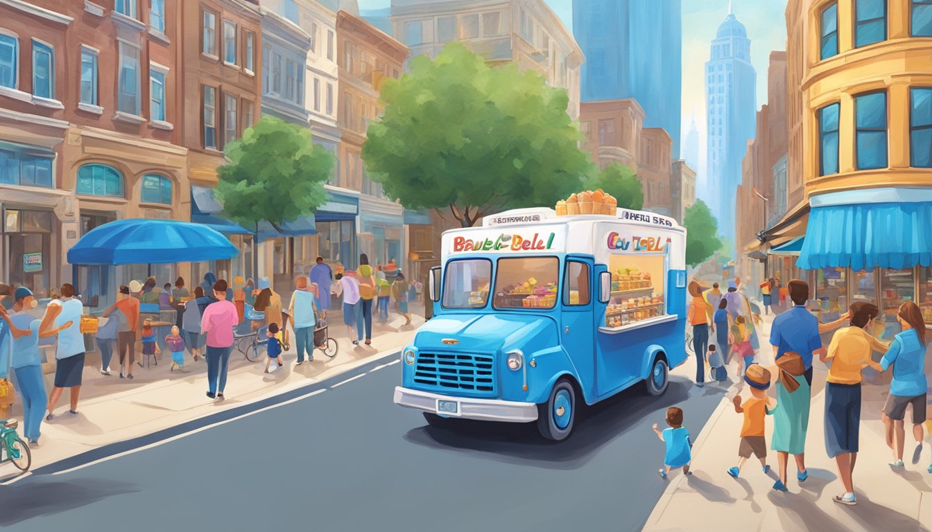 A bustling city skyline with a prominent Blue Bell ice cream truck driving through the streets, surrounded by happy customers enjoying their sweet treats