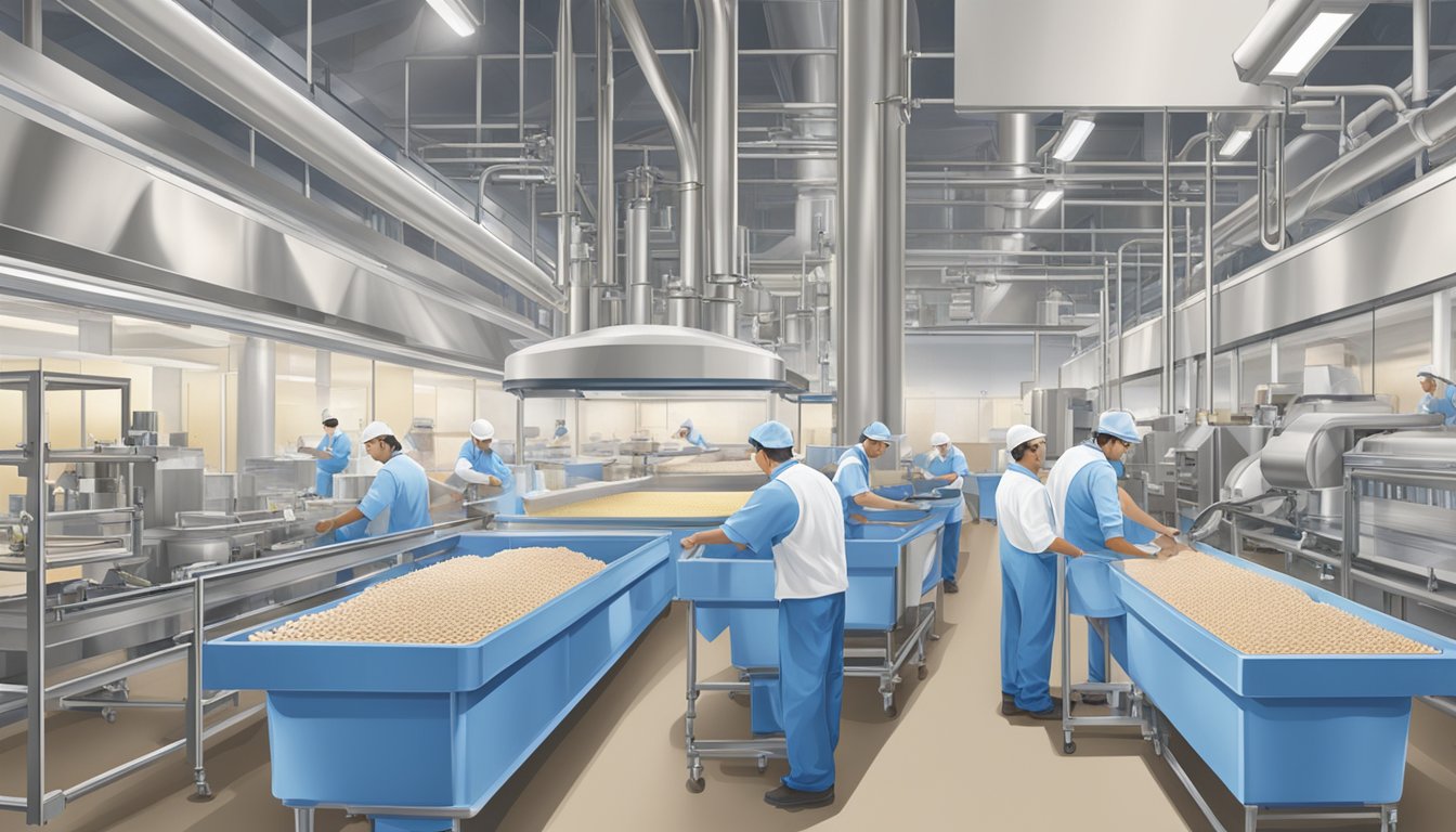 A bustling ice cream production facility with workers and machinery creating and packaging Blue Bell ice cream