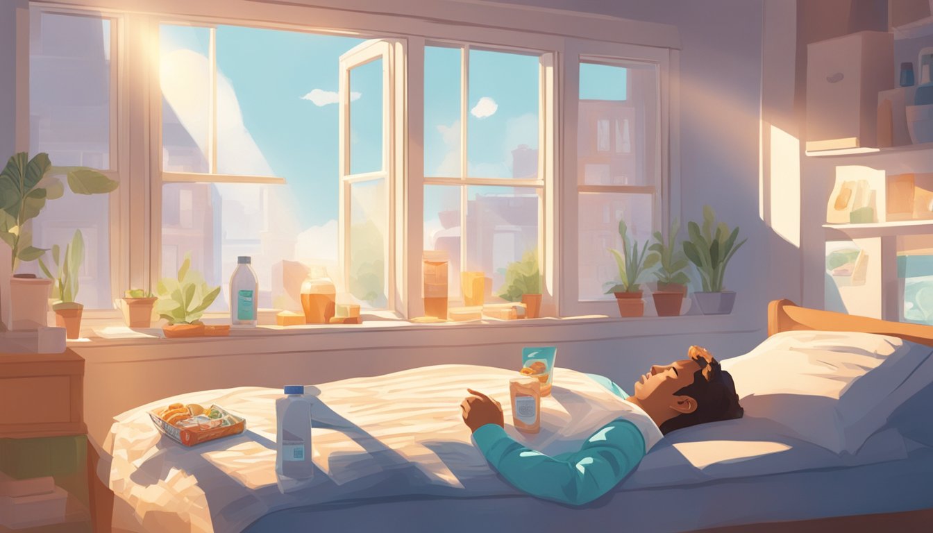 A person laying in bed surrounded by empty snack wrappers, a glass of water, and a bottle of antacids. Sunlight streams in through the window, casting a soft glow on the room