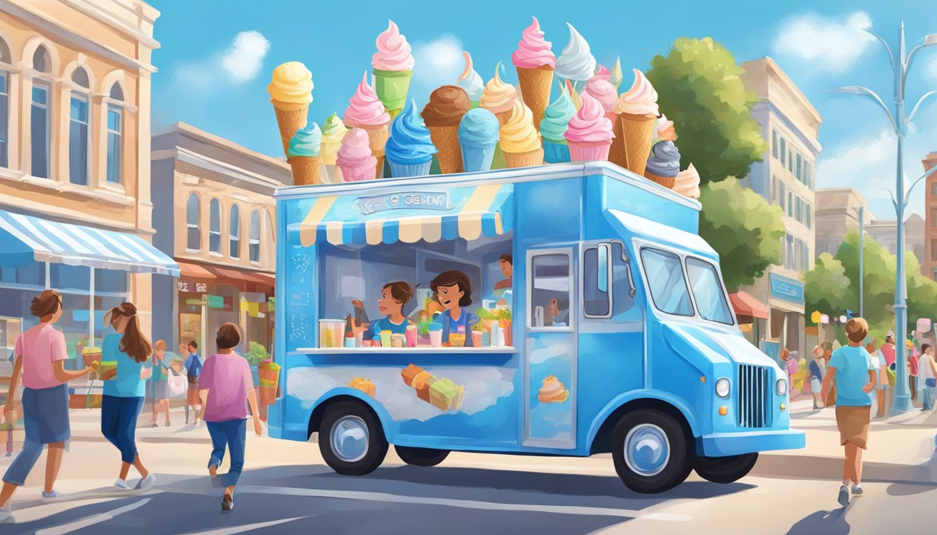 A vibrant blue and white ice cream truck driving through a bustling southern city, surrounded by smiling customers enjoying their frozen treats