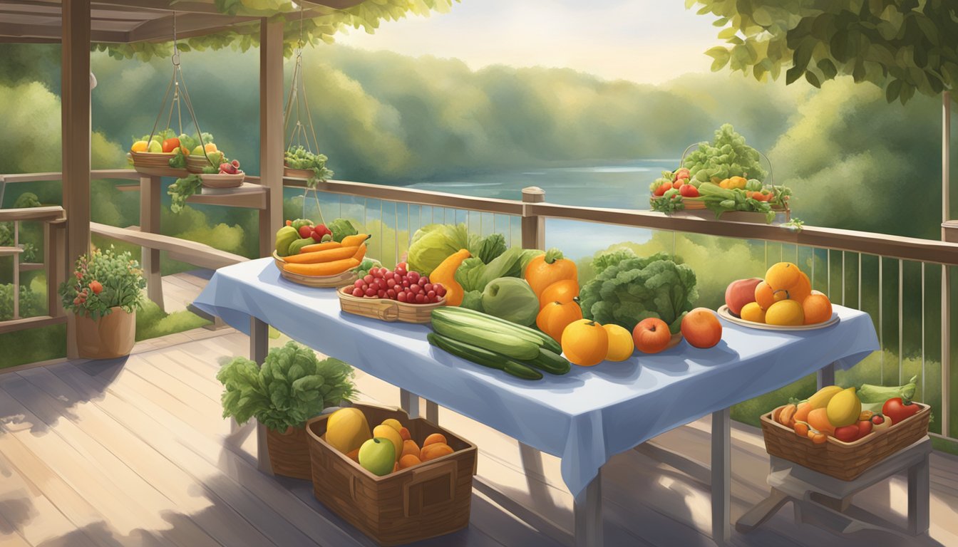 A serene morning scene with a table filled with fresh fruits, vegetables, and water, surrounded by exercise equipment and a peaceful outdoor setting