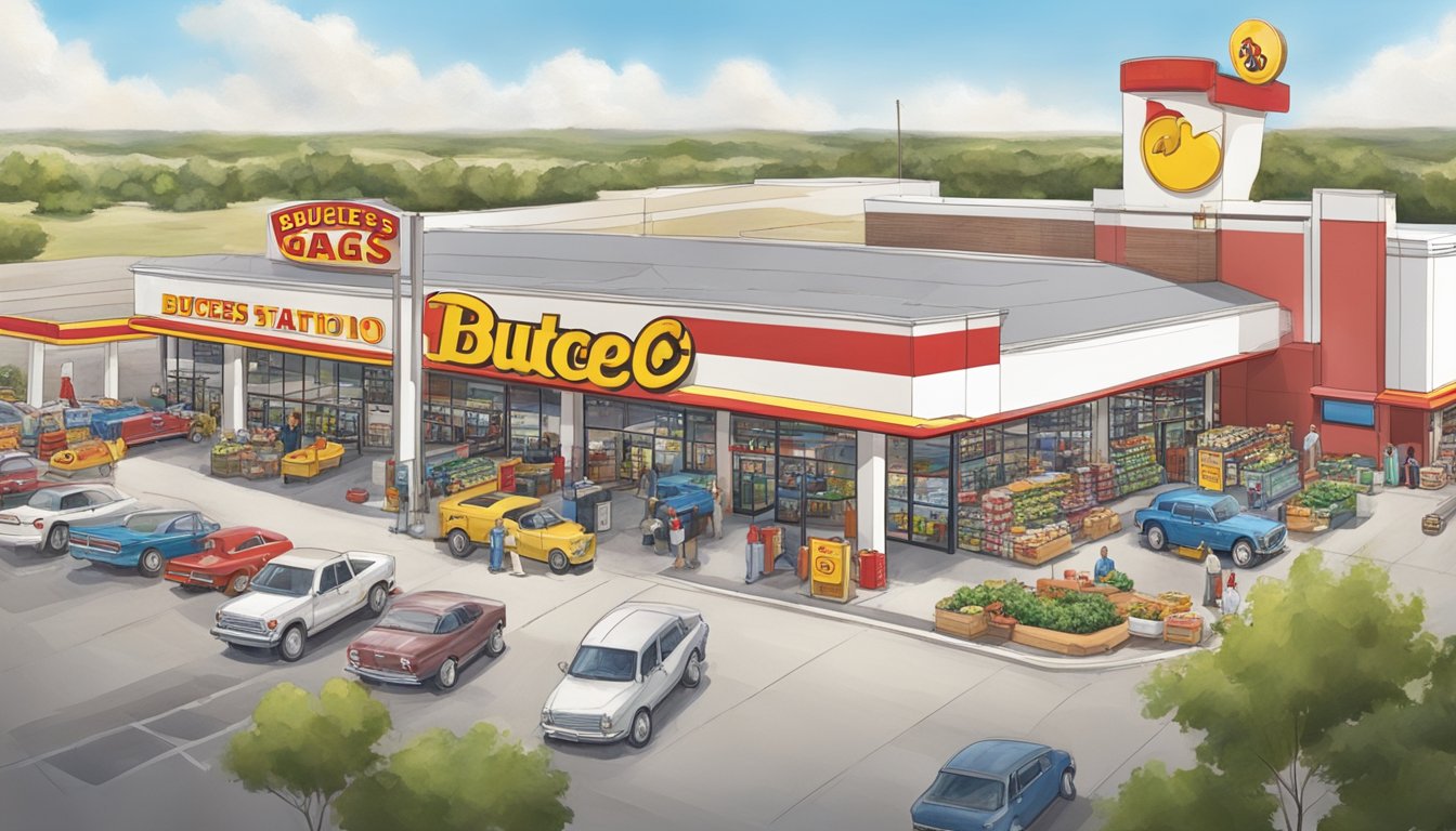 A bustling Buc-ee's gas station with a large parking lot, fuel pumps, and a massive store filled with snacks and souvenirs