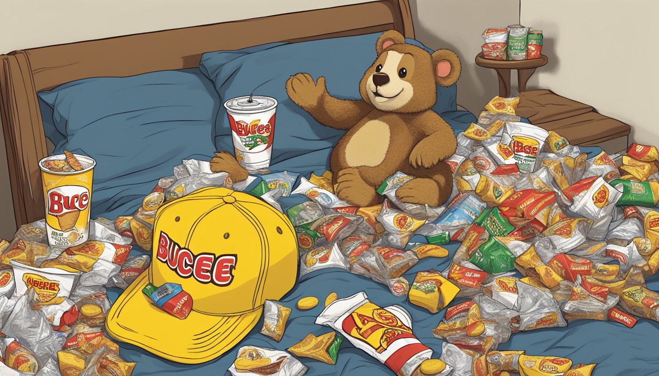 A pile of Buc-ee's merchandise scattered on a messy bed, surrounded by empty snack wrappers and a half-empty soda cup