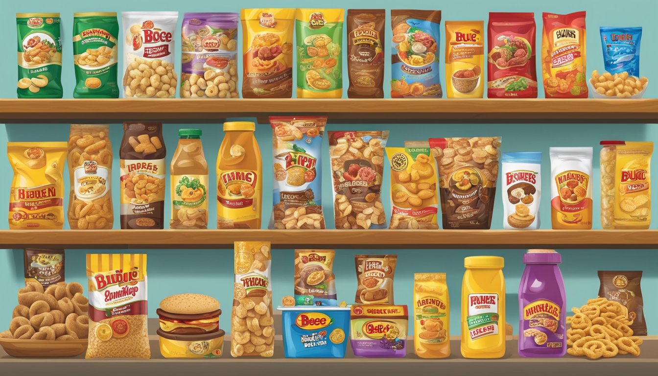 A colorful display of famous Buc-ee's food items arranged alphabetically, showcasing the wide variety of snacks, treats, and specialty items available at the popular convenience store