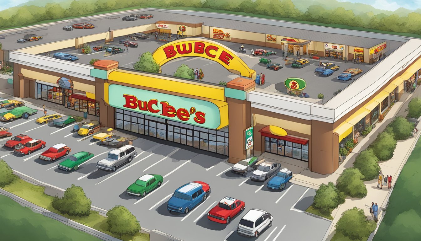 A bustling Buc-ee's store surrounded by a sprawling parking lot, with a giant beaver mascot towering over the entrance. The store is filled with merchandise and eager customers