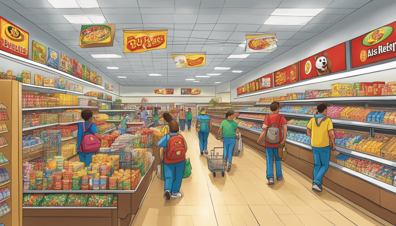 A bustling Buc-ee's store with shelves stocked full of merchandise, from snacks and drinks to clothing and souvenirs. Customers browse the aisles, while employees restock items and maintain the tidy store layout