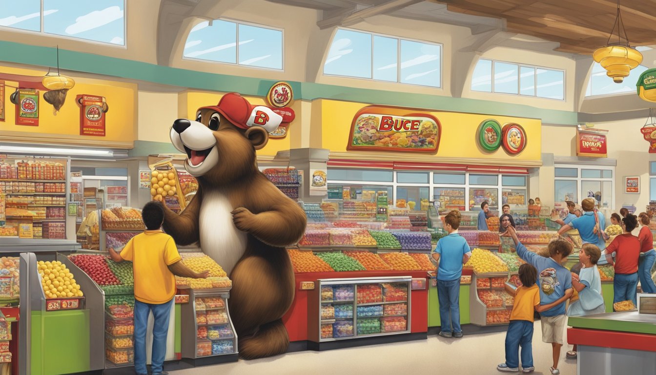 A bustling Buc-ee's store with a giant beaver mascot, fuel pumps, and a long line of customers. A sense of excitement and anticipation fills the air