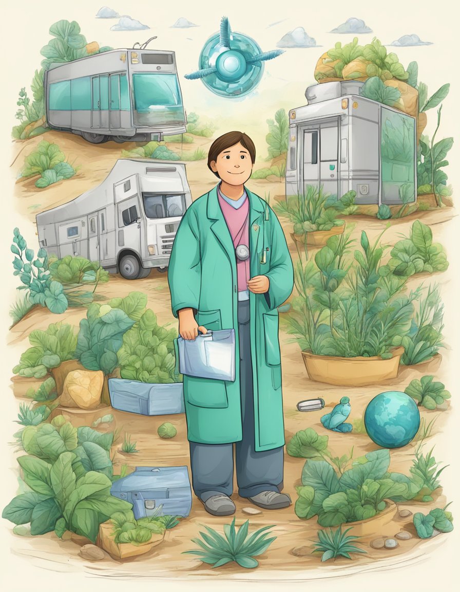 Digital art collage of a Dr. surrounded by leafy greens and shelters.
