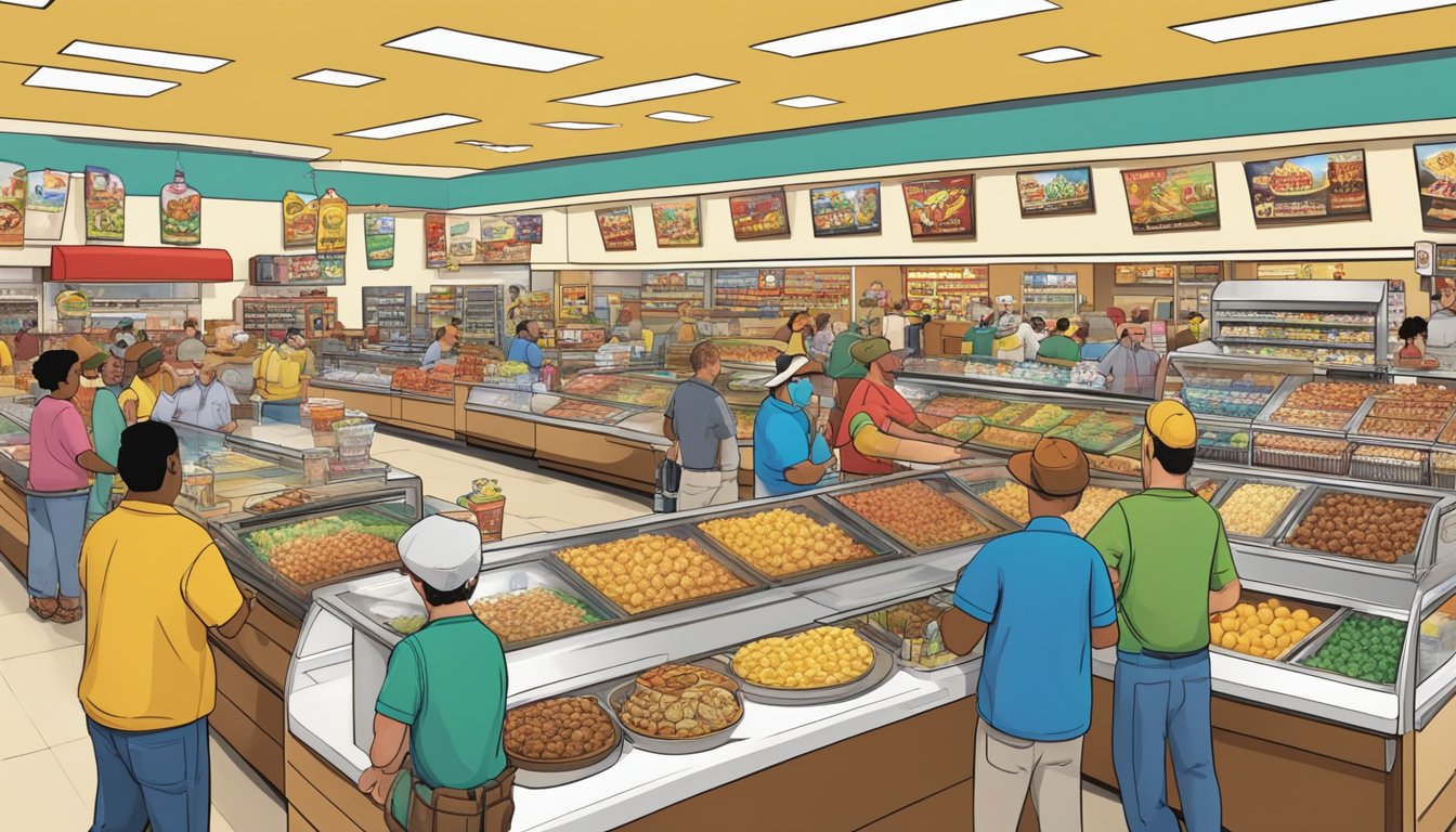 A bustling Buc-ee's store with a variety of culinary delights on display, surrounded by excited fans discussing theories and speculation about the beloved brand