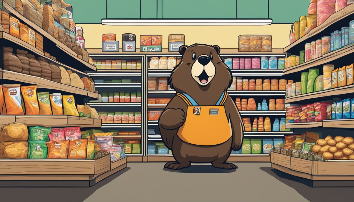 A bustling convenience store with a larger-than-life beaver mascot. Shelves stocked with snacks and merchandise. Customers speculating and sharing fan theories