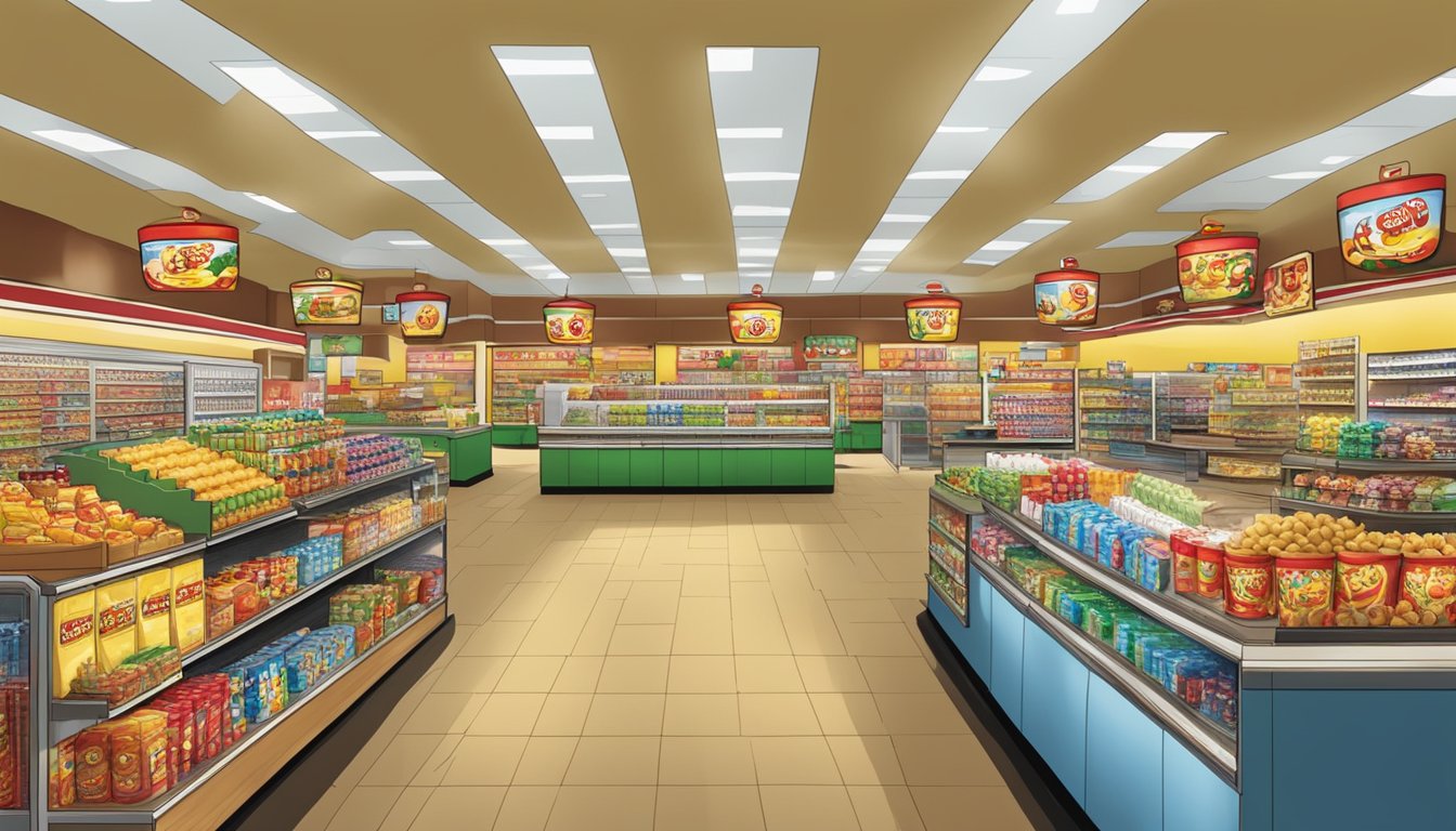 A bustling Buc-ee's store with shelves stocked with various snacks, drinks, and merchandise. Brightly lit and inviting atmosphere