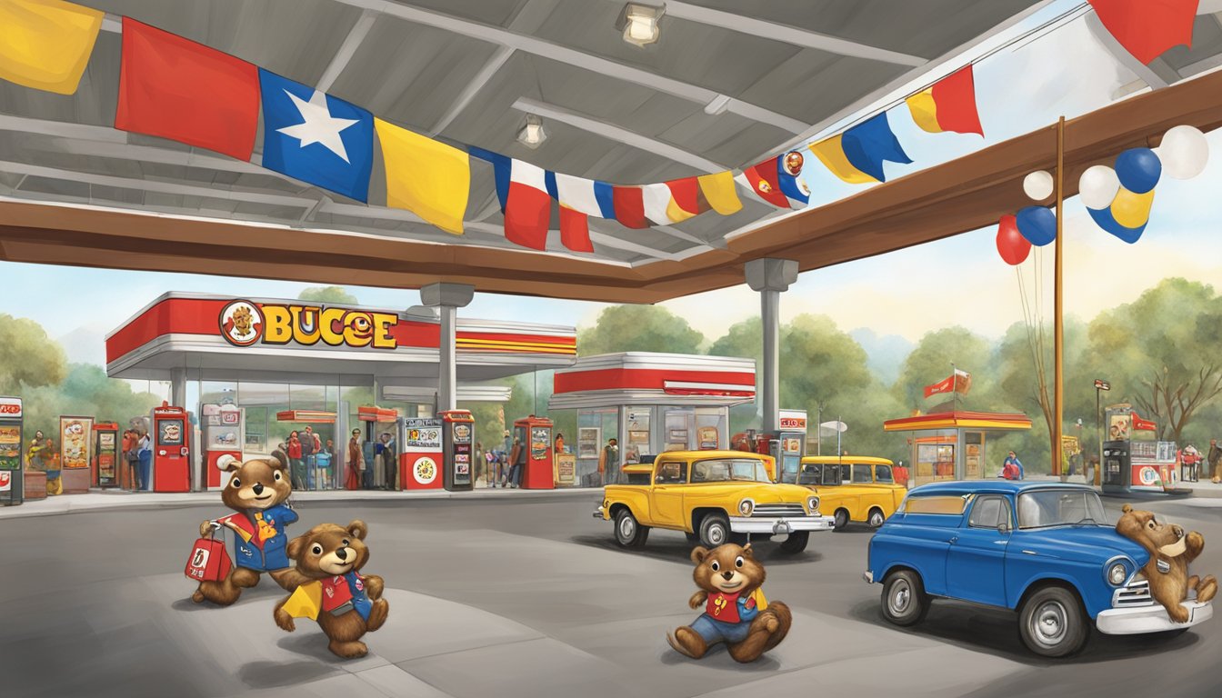 A bustling Buc-ee's gas station with a massive beaver mascot, adorned with Texas flags and bustling with excited customers