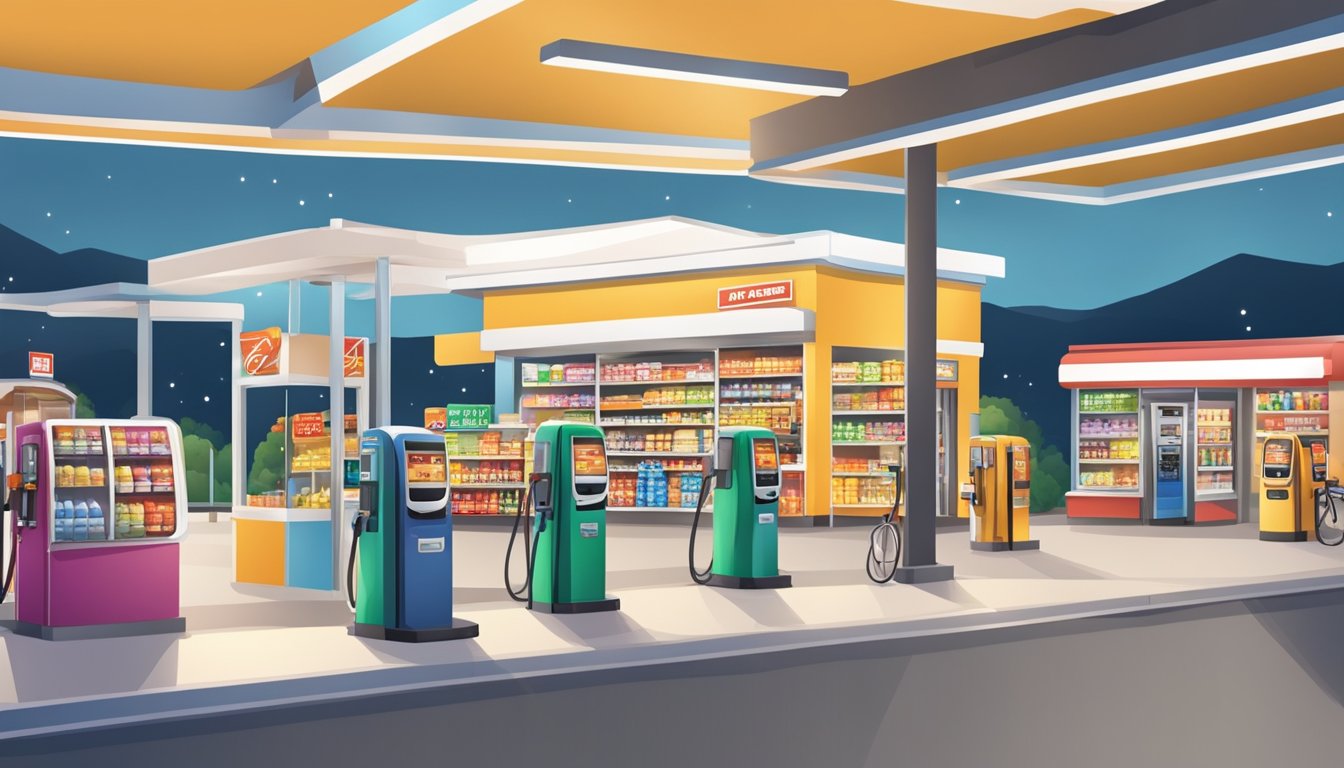 A bustling convenience store at a rest stop, with fuel pumps, snacks, and merchandise. Bright lights and a welcoming atmosphere