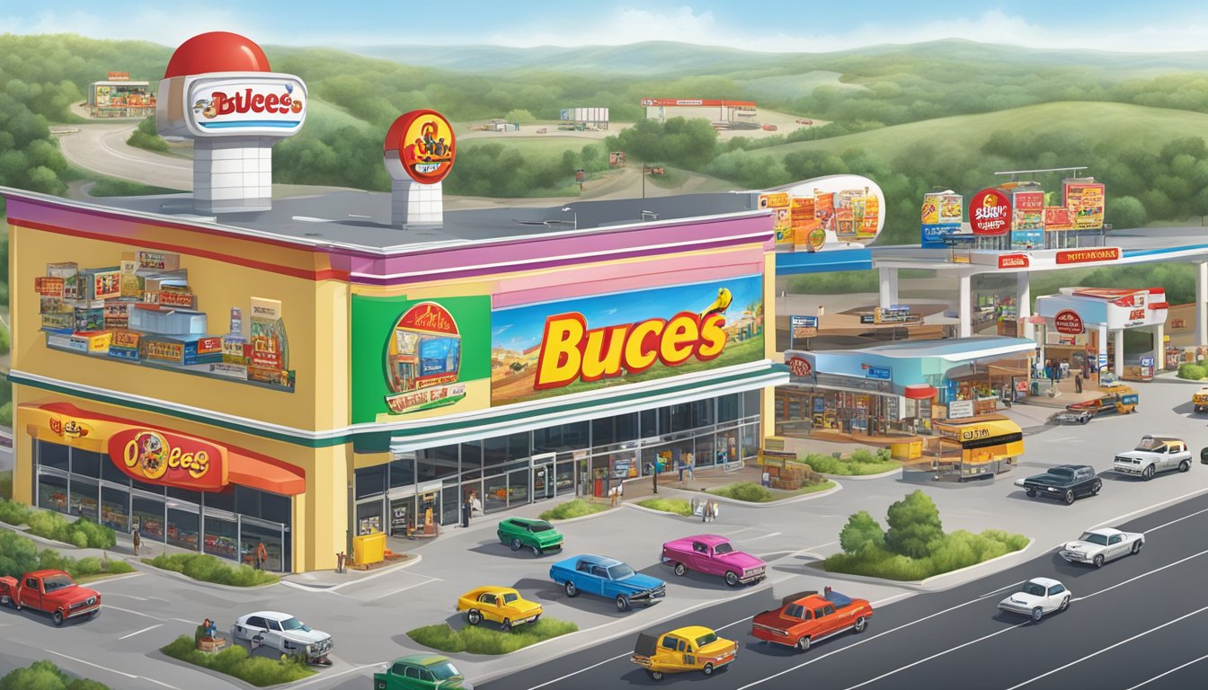 A busy highway with a large, colorful Buc-ee's billboard towering over smaller, generic gas stations and convenience stores