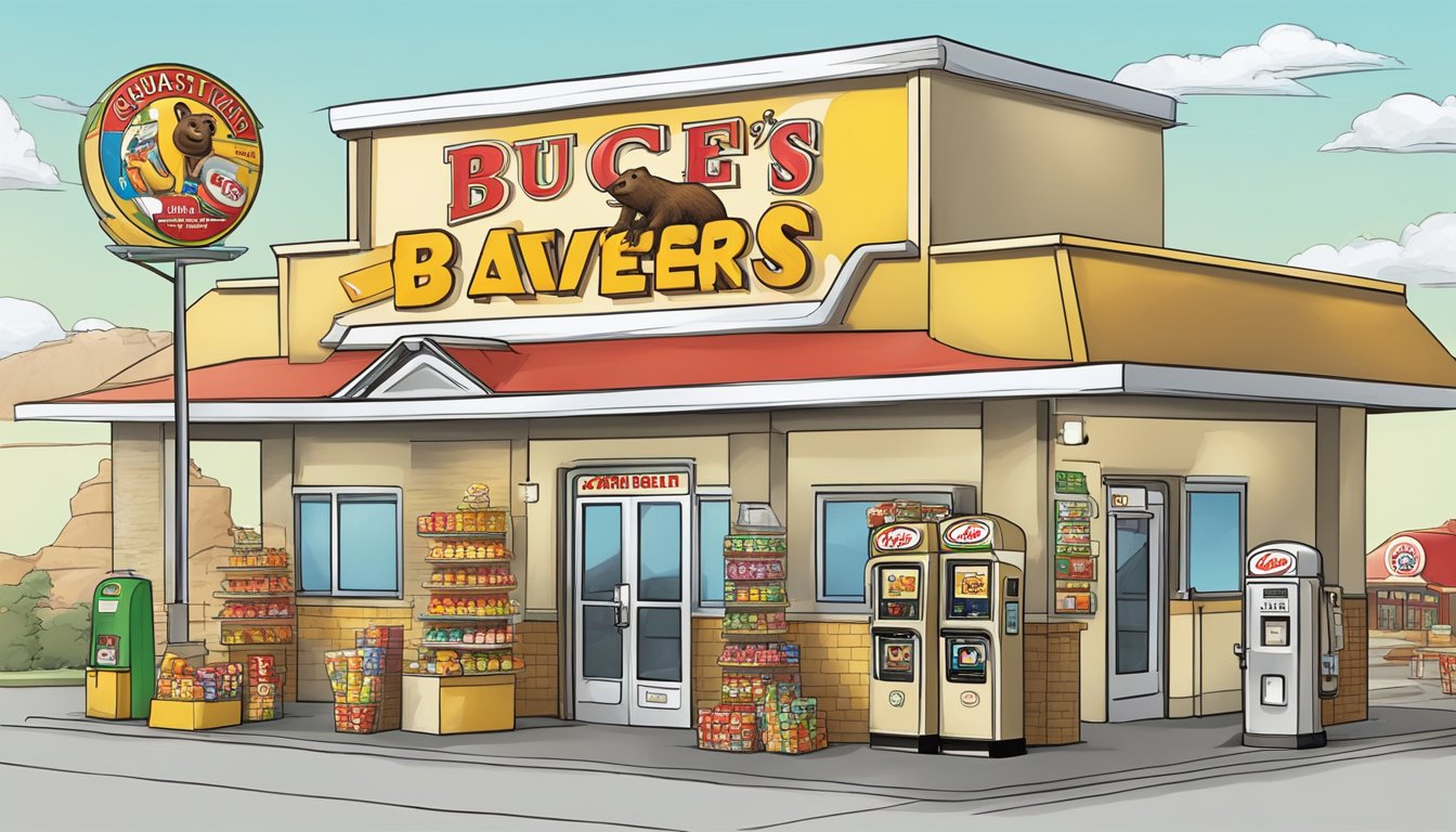 A colorful Buc-ee's gas station with a giant beaver mascot, clean restrooms, and a wide selection of snacks and souvenirs