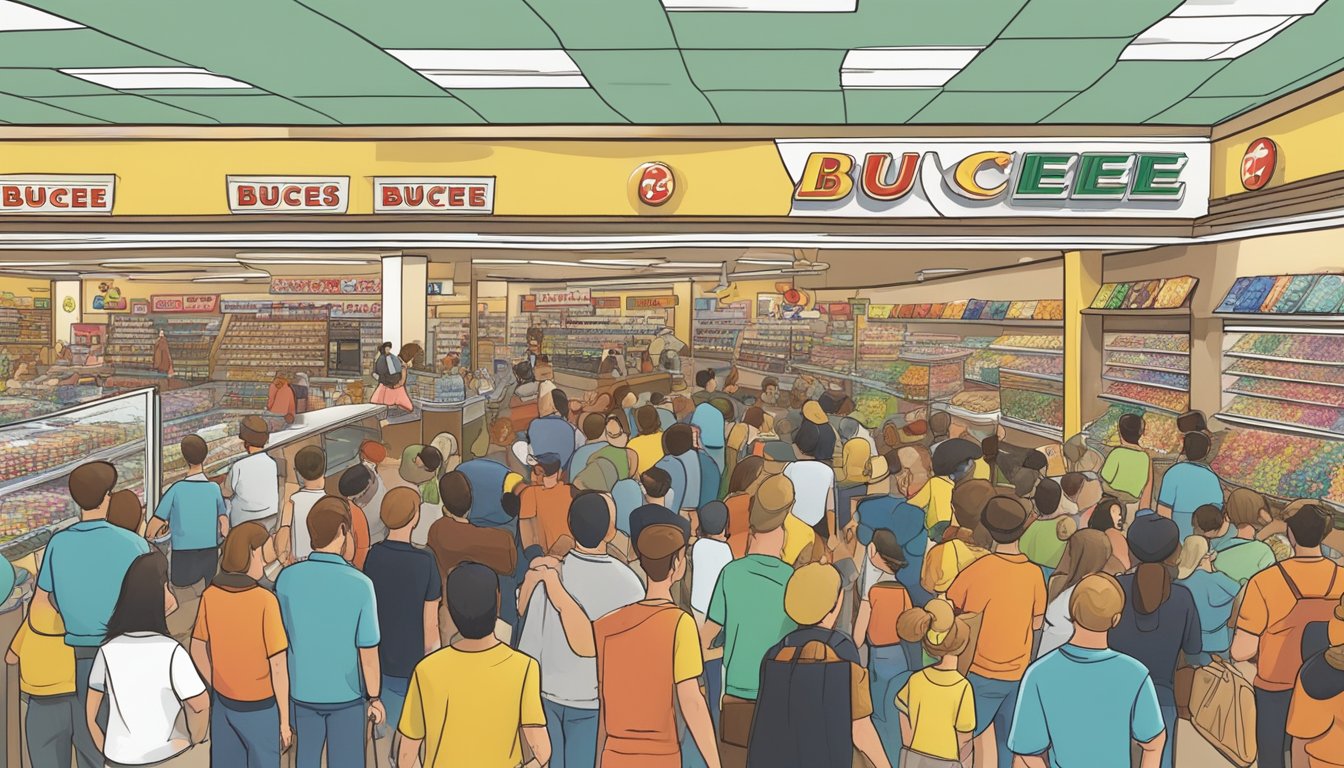 A bustling Buc-ee's store in Texas, with a line of excited fans waiting to catch a glimpse of their favorite celebrities