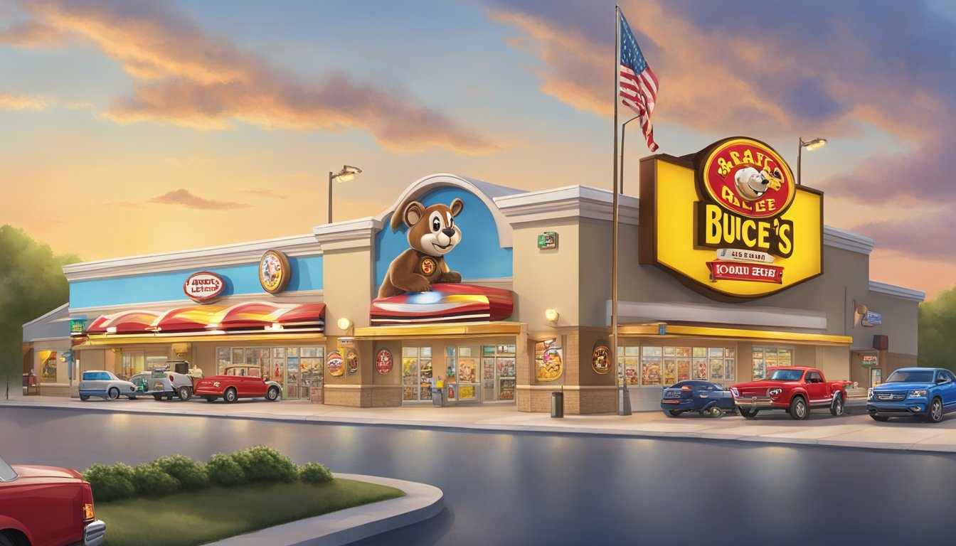 A bustling Buc-ee's store with a large beaver mascot, gas pumps, and a line of cars. Bright lights and a Texas flag flying high