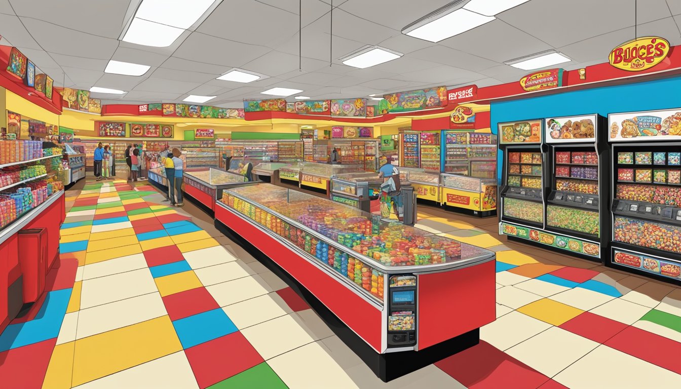 A colorful, bustling Buc-ee's store layout with rows of snacks, drinks, and merchandise. A Dance Revolution arcade machine stands in the corner, surrounded by excited customers