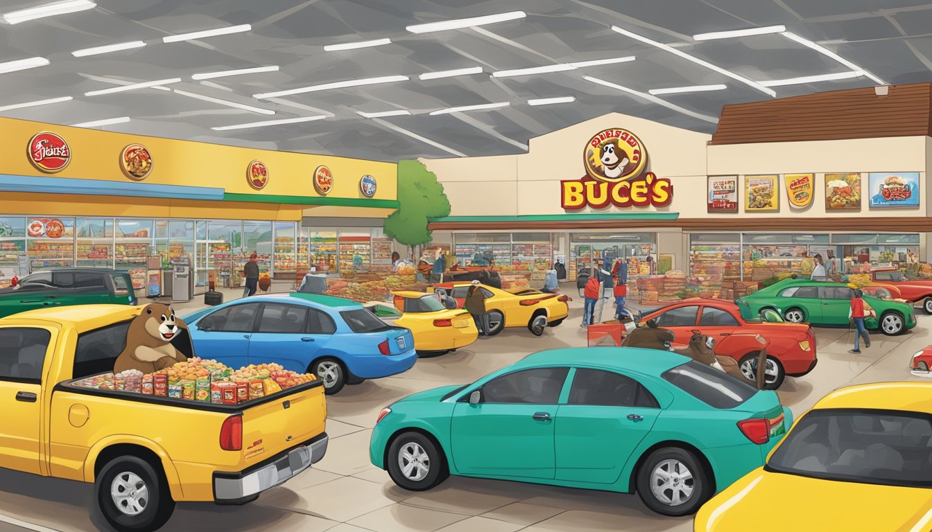 A bustling Buc-ee's store with a giant beaver mascot, fuel pumps, snacks, and merchandise. Bright lights and a busy parking lot filled with cars