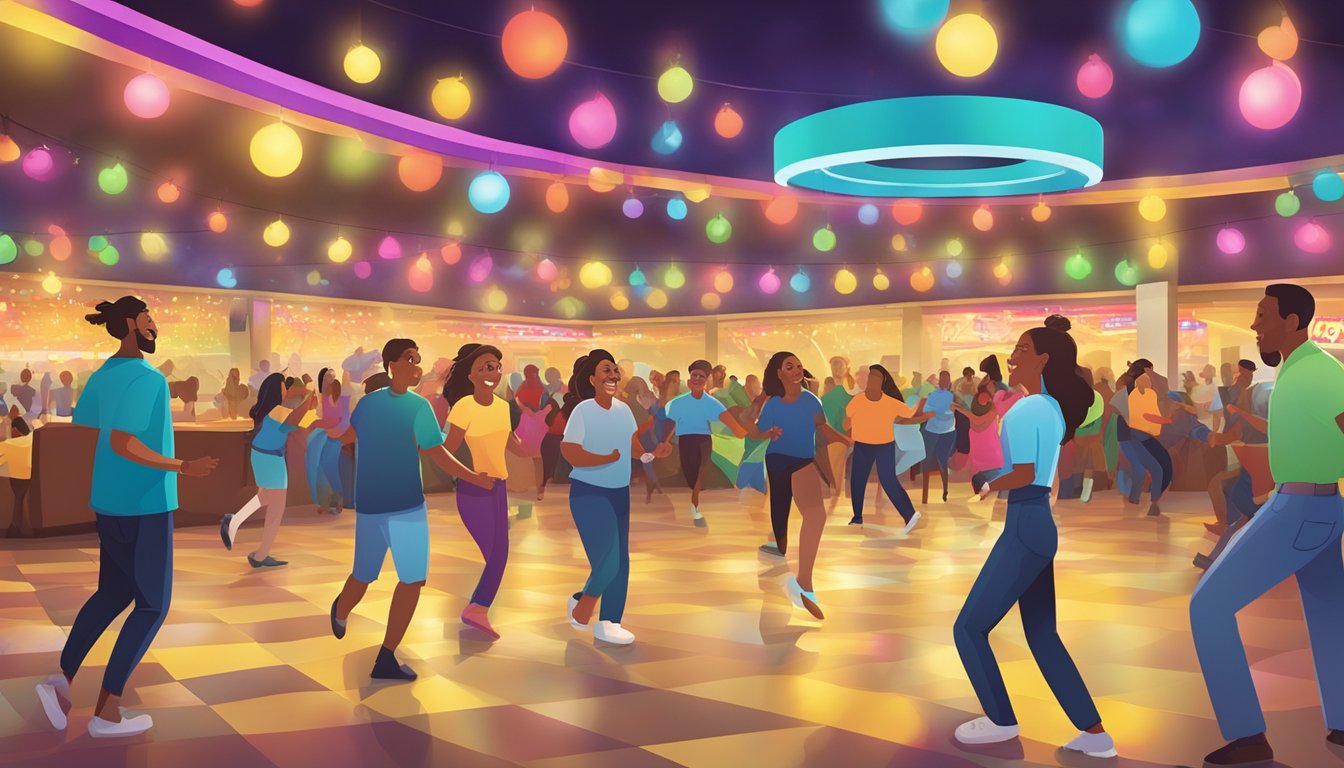 A lively dance floor with colorful lights and upbeat music at Buc-ee's, with customers moving and grooving to the rhythm