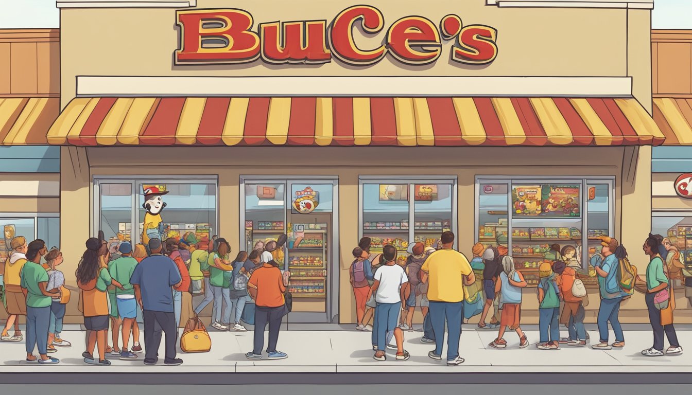 A bustling Buc-ee's store with a line of excited fans outside, eagerly waiting for a chance to catch a glimpse of their favorite celebrities