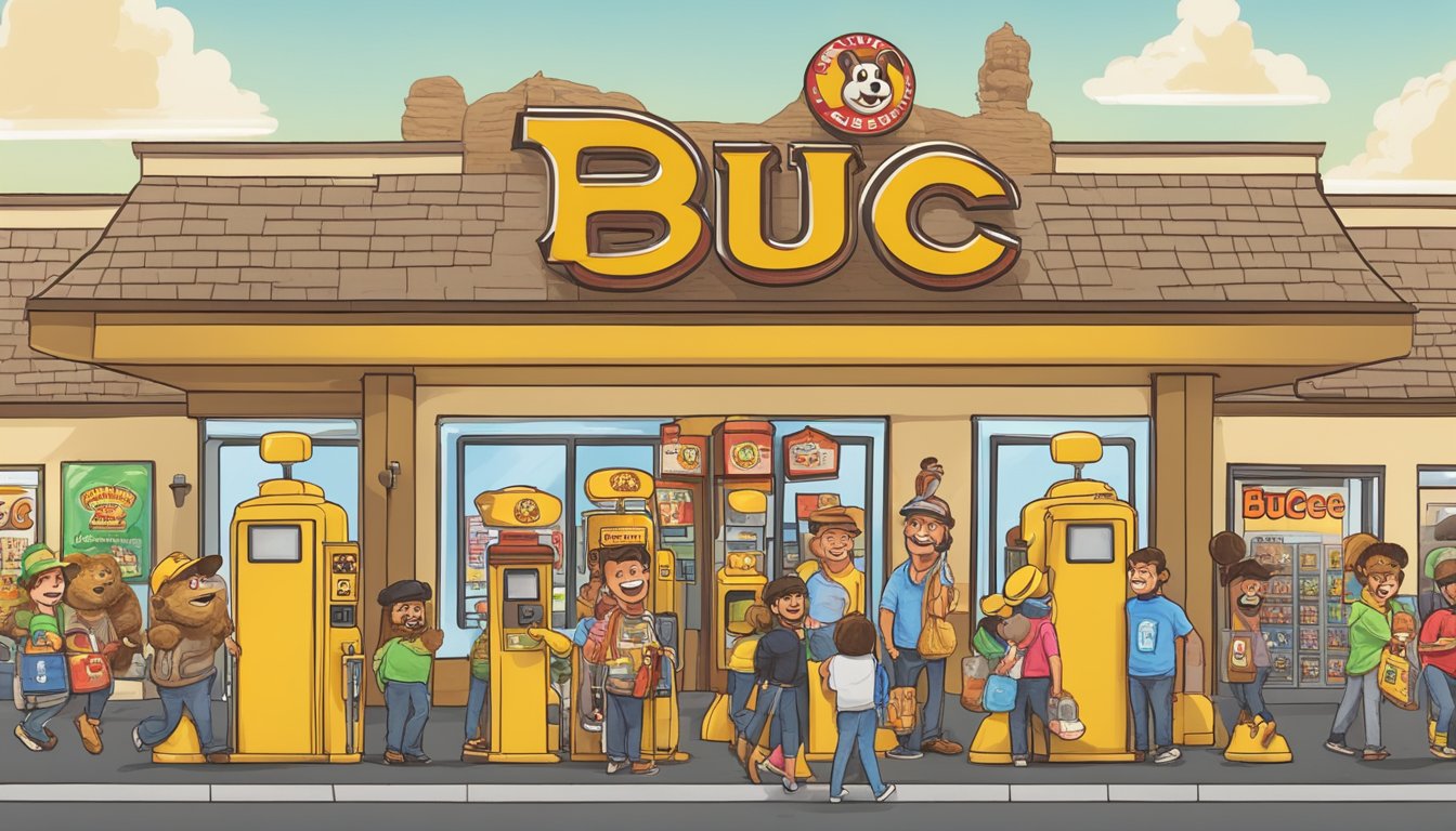 Famous faces at Buc-ee's: crowded gas pumps, bustling store, iconic beaver mascot, and excited fans snapping photos