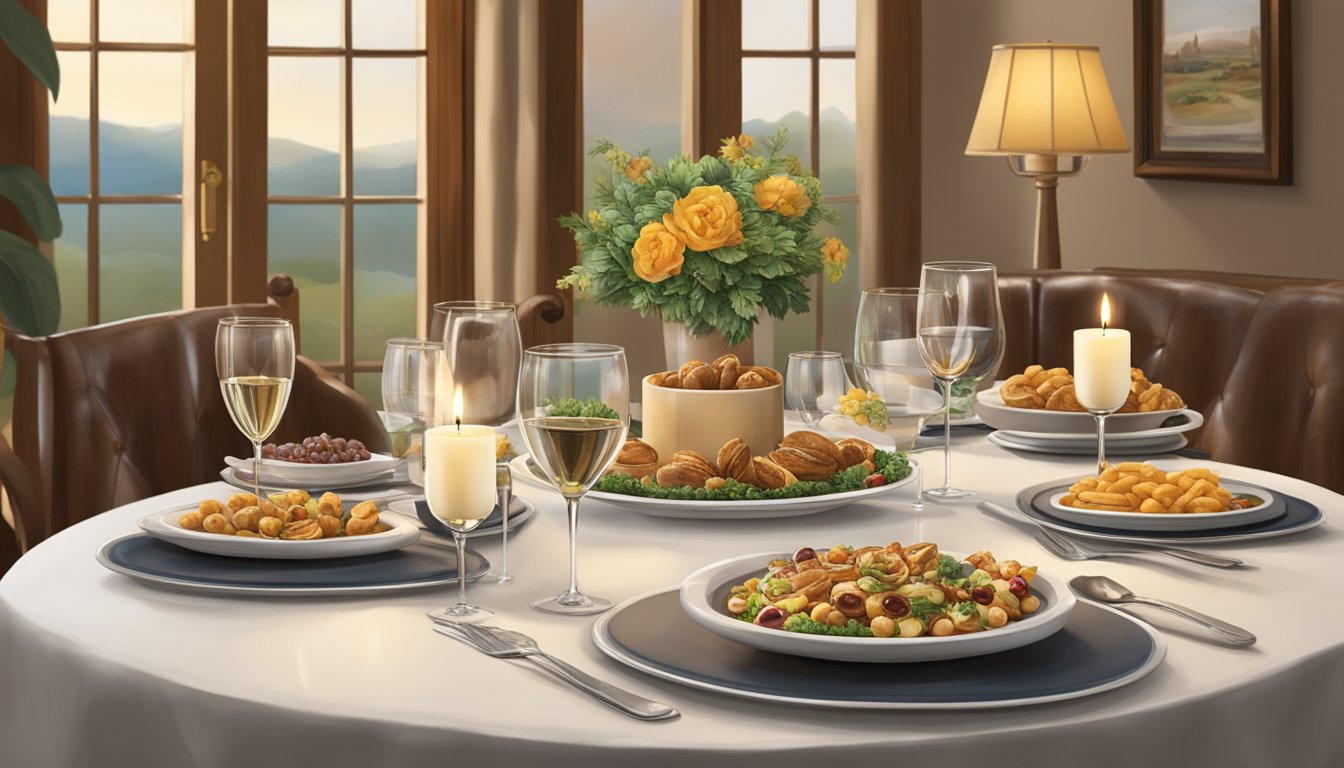 A beautifully set dining table with Buc-ee's gourmet products as the centerpiece. Wine glasses, elegant cutlery, and a candle add to the fine dining atmosphere