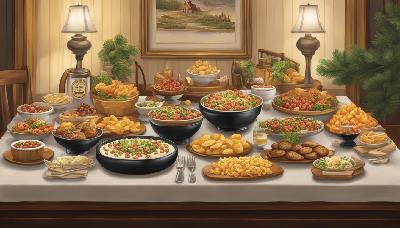 A table set with gourmet dishes made from Buc-ee's products, surrounded by elegant decor and dim lighting