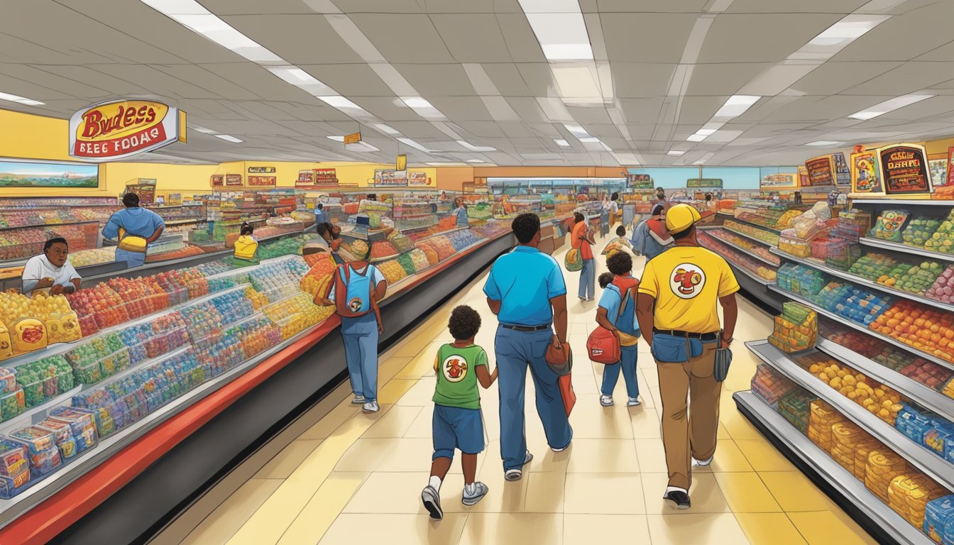 A bustling Buc-ee's store filled with eager customers, each navigating the aisles with determination and focus, as if competing in a high-stakes sport