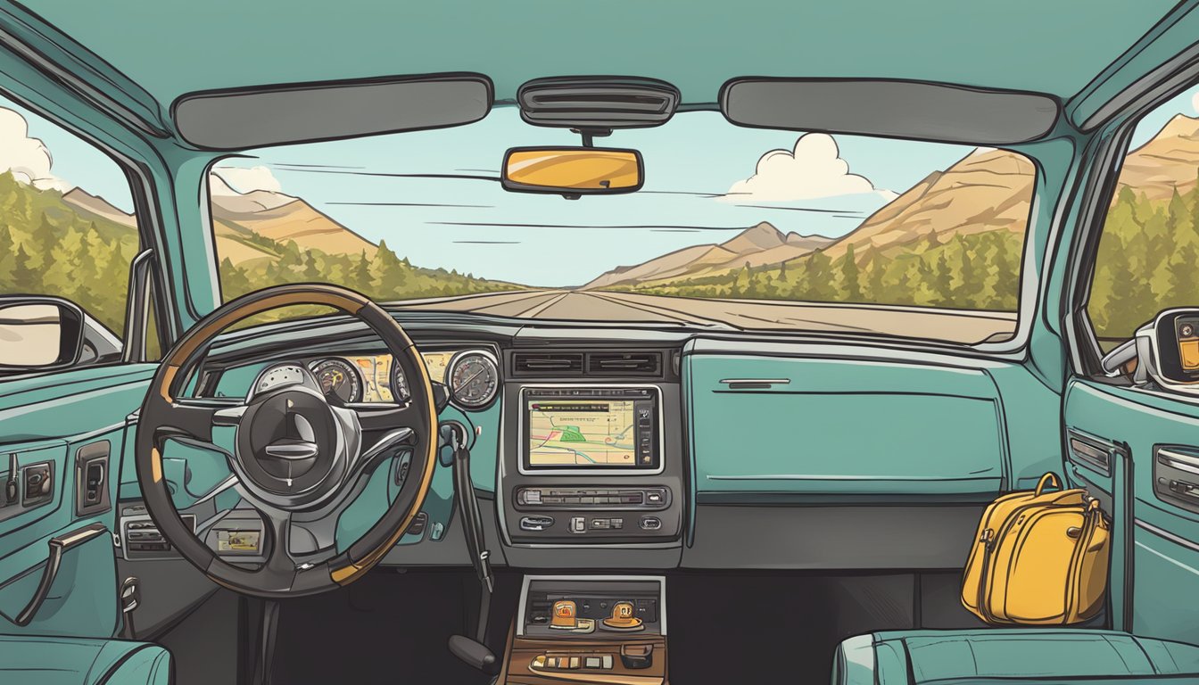 A car dashboard with a radio tuned to 'Road Trip Radio' featuring the Buc-ee's Podcast Experience, with a scenic highway in the background