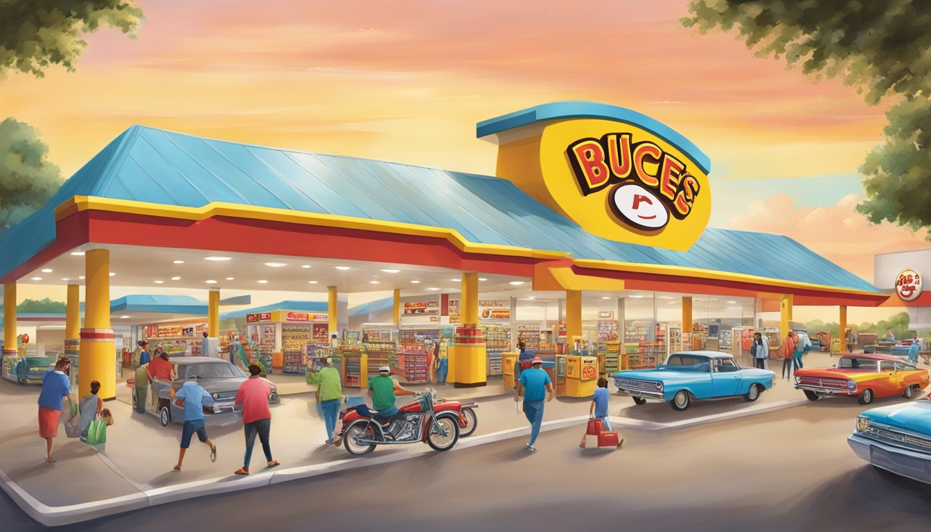 A bustling Buc-ee's gas station with customers eagerly competing in a high-energy shopping experience, filled with colorful displays and a sense of spirited competition