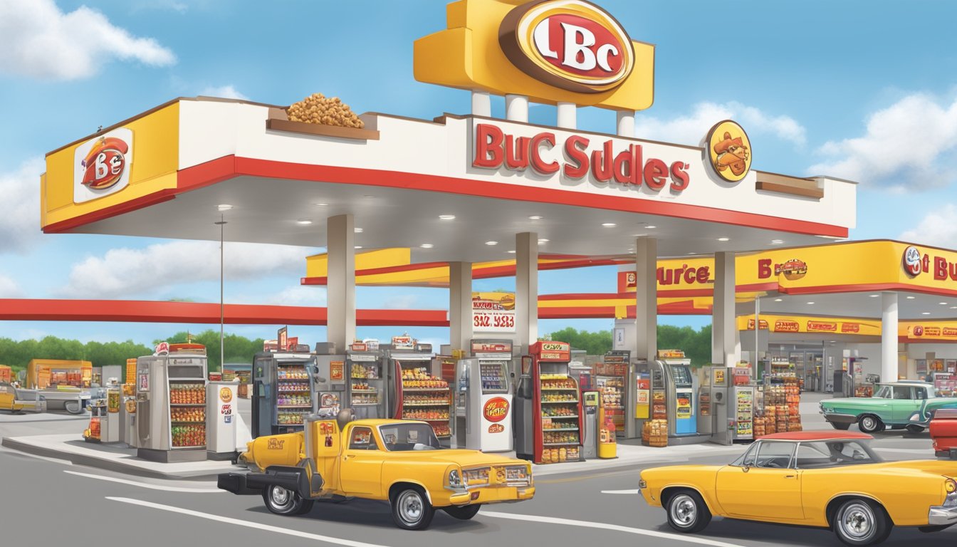 A bustling gas station with a towering Buc-ee's sign, fuel pumps, and a store filled with snacks and merchandise