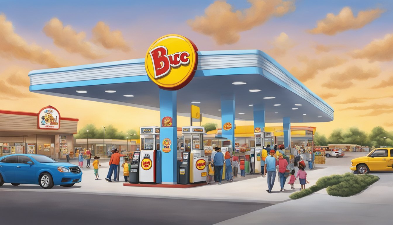 A bustling Buc-ee's gas station with towering fuel pumps, a crowded convenience store, and cheerful staff greeting customers