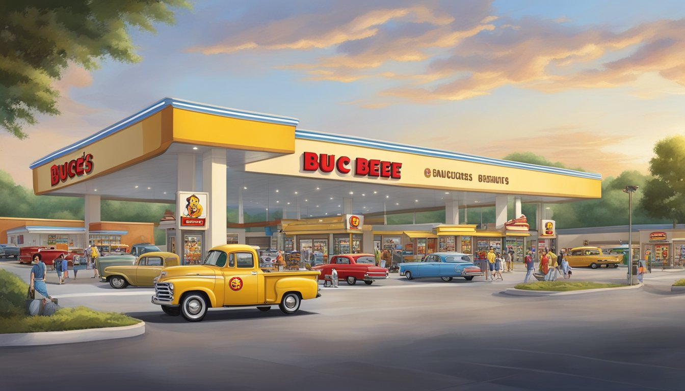 A bustling Buc-ee's gas station and convenience store surrounded by parked cars and busy customers coming and going. The iconic beaver mascot stands tall outside the entrance