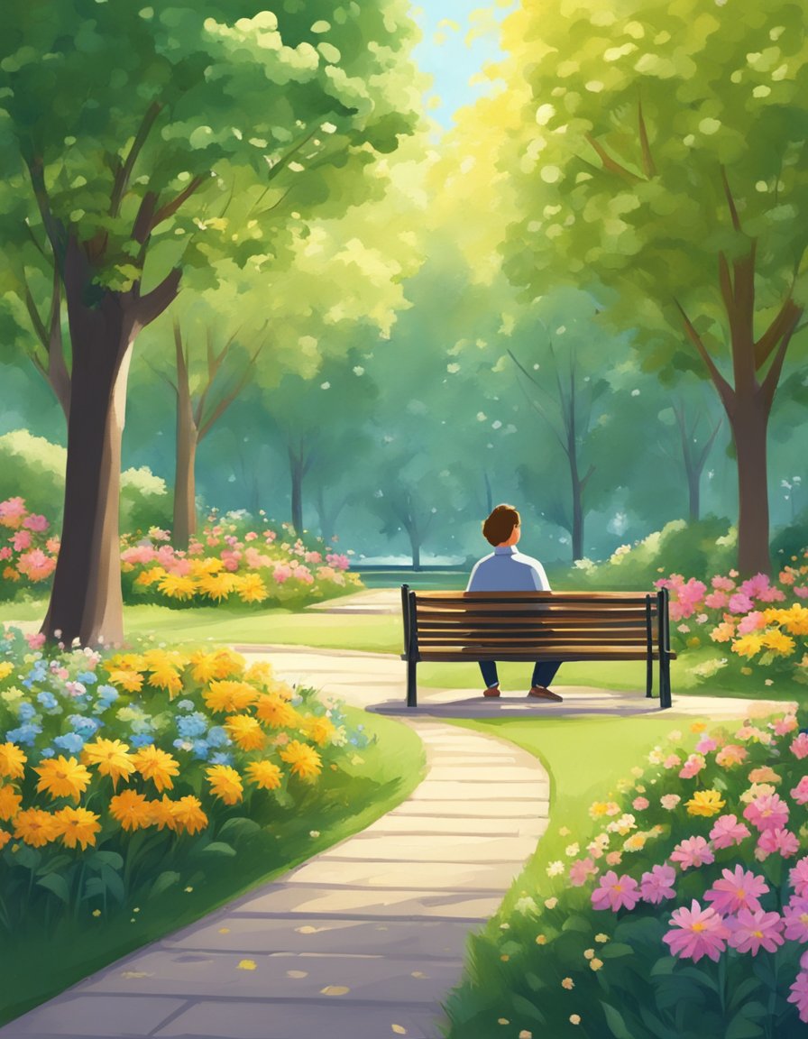 Digital art of a man sitting on a bench in a park with colorful flowers and trees.