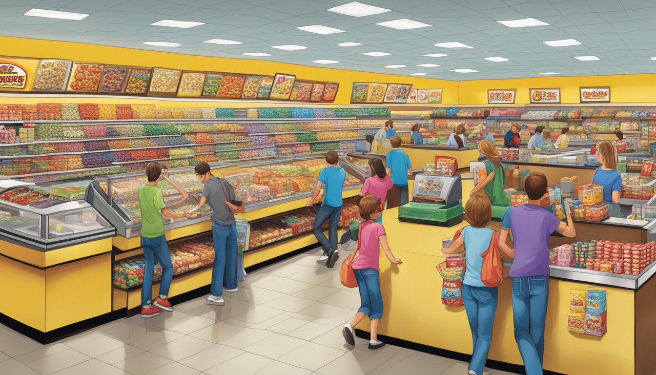 A bustling Buc-ee's store with customers eagerly searching for their favorite snacks and souvenirs, while the competitive spirit fills the air as they engage in a lively shopping experience