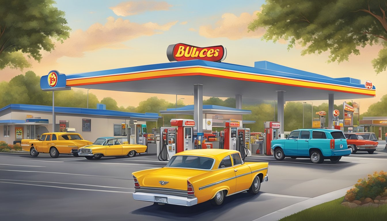 A bustling gas station with colorful fuel pumps, a convenience store, and a large Buc-ee's sign. Customers come and go, filling up their cars and grabbing snacks