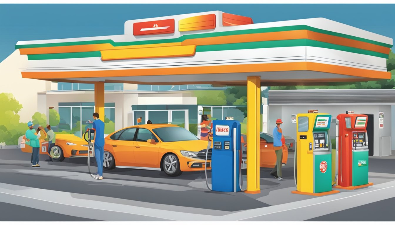 A colorful gas station with signage and pumps, customers filling up, and an employee helping a customer at the counter