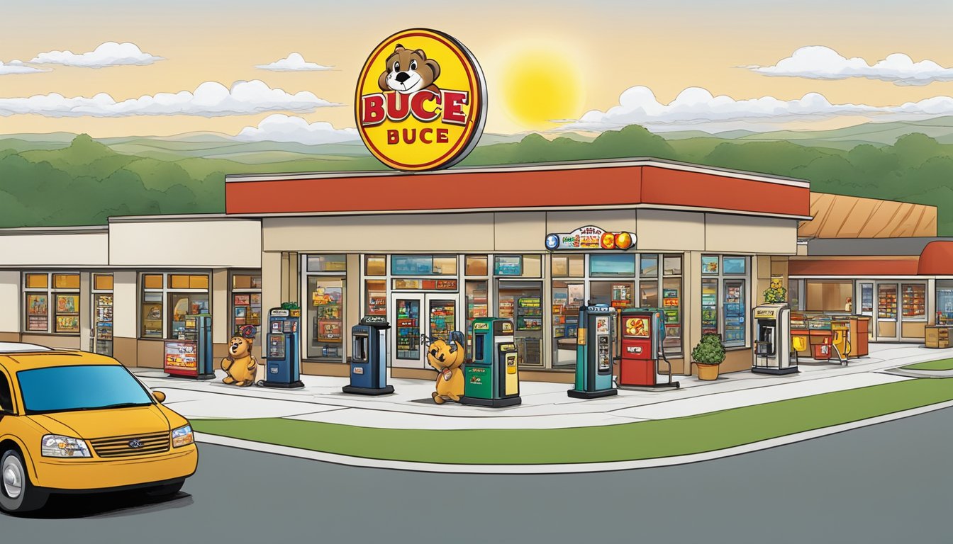 A bustling Buc-ee's travel center with gas pumps, a large store, and the iconic beaver mascot. Customers and employees create a lively atmosphere with the sound of chatter, footsteps, and the occasional announcement over the intercom