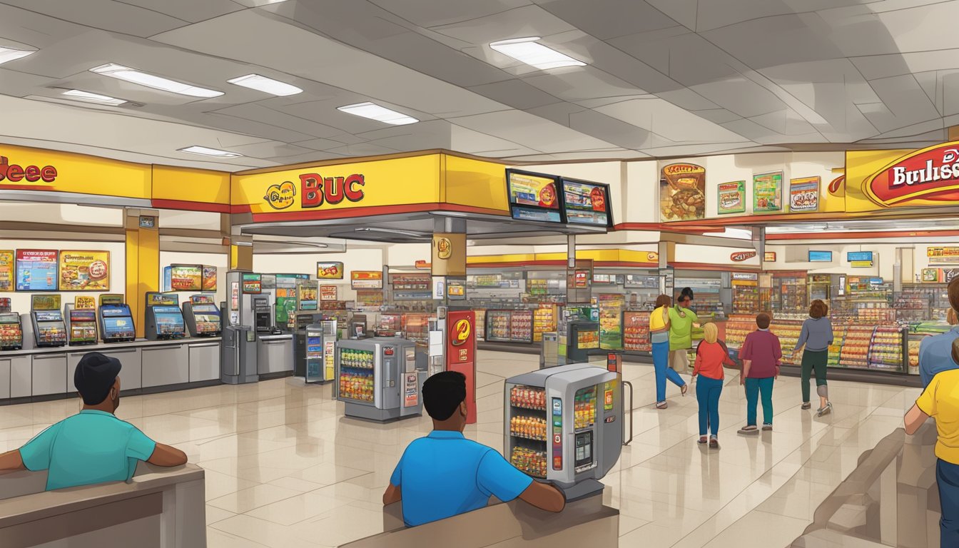 A bustling Buc-ee's gas station with modern digital screens displaying the station's lingo guide. Customers fuel up and grab snacks in the busy convenience store