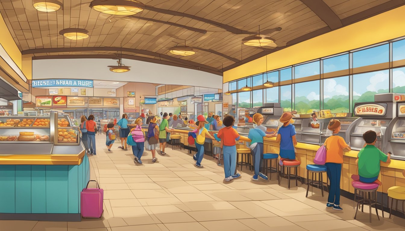 The bustling sounds of Buc-ee's fill the air: chatter, footsteps, and the clinking of dishes in the bustling food court. Music plays softly in the background, adding to the lively atmosphere